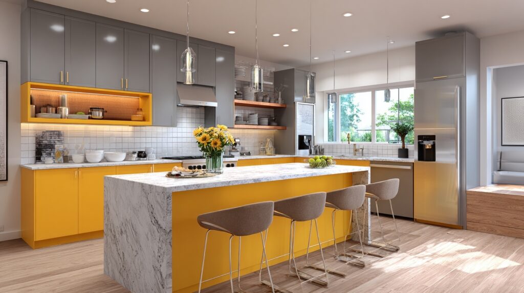 Modern two-tone kitchen with yellow lower cabinets and gray upper cabinets, featuring a marble countertop.
