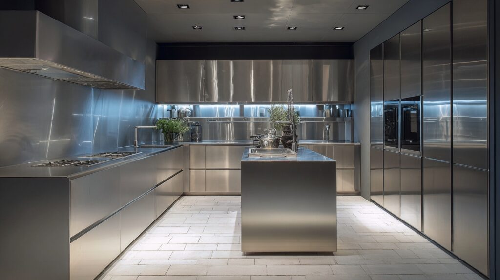 Sleek modern kitchen with stainless steel metal cabinets and island, featuring a contemporary design.
