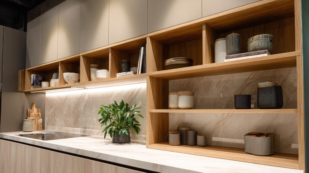 Modern kitchen with open shelving, displaying pottery and plants, with a marble countertop.