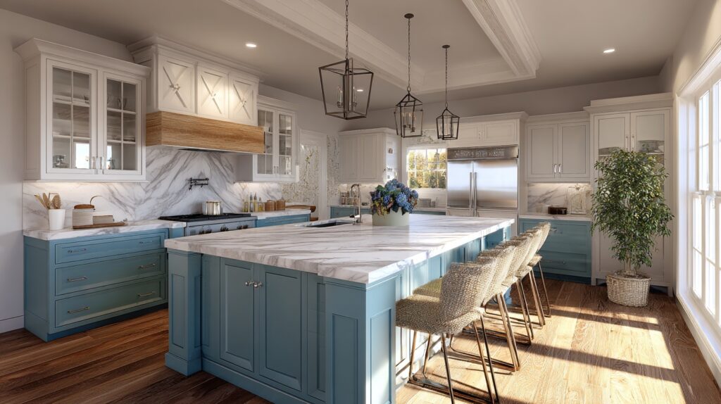 Farmhouse kitchen with blue and white cabinets, marble countertop, and rustic wood accents.