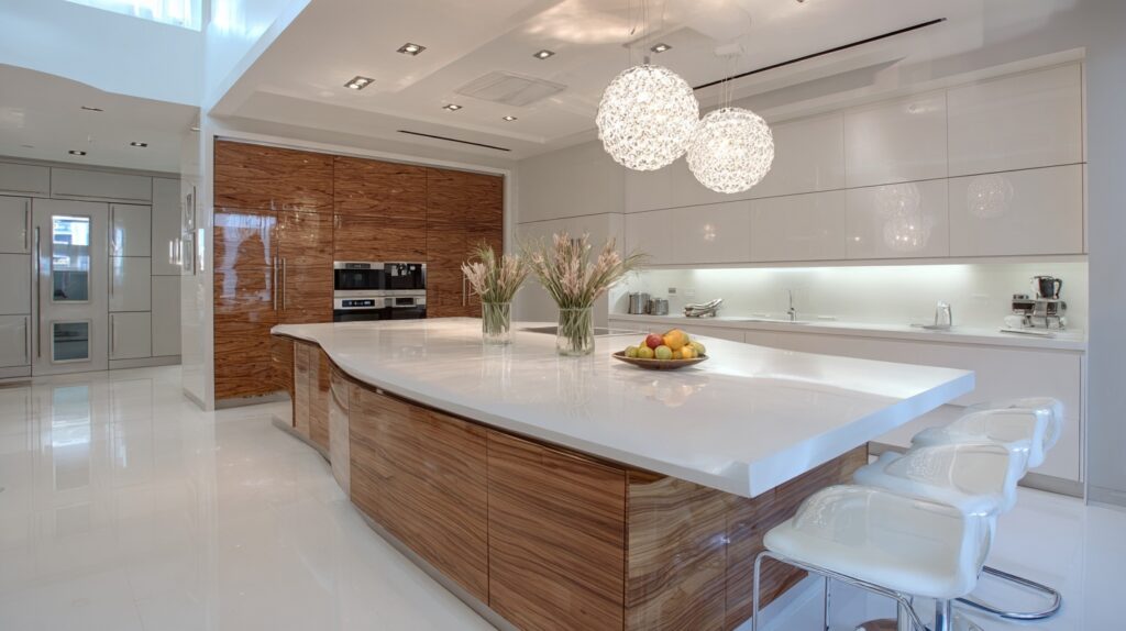 Modern kitchen with functional kitchen island cabinets, featuring wood accents and sleek countertop.