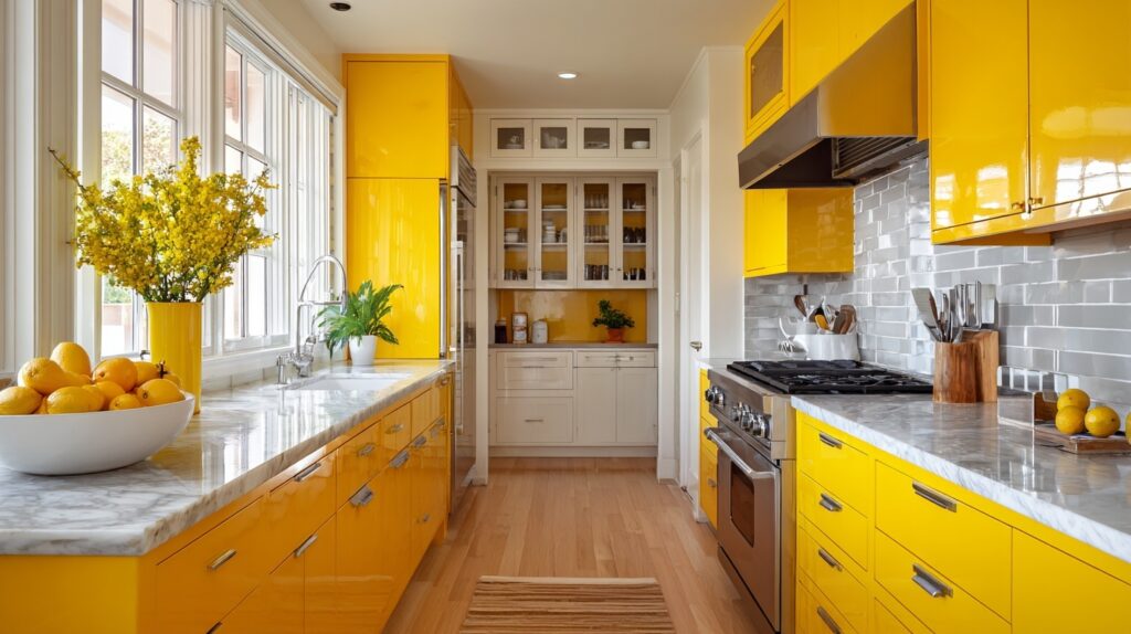 Modern kitchen with bold yellow cabinets, marble countertops, and sleek gray backsplash.