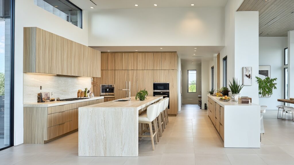 Modern kitchen with floating wooden cabinets, sleek island, and spacious layout creating an airy feel.