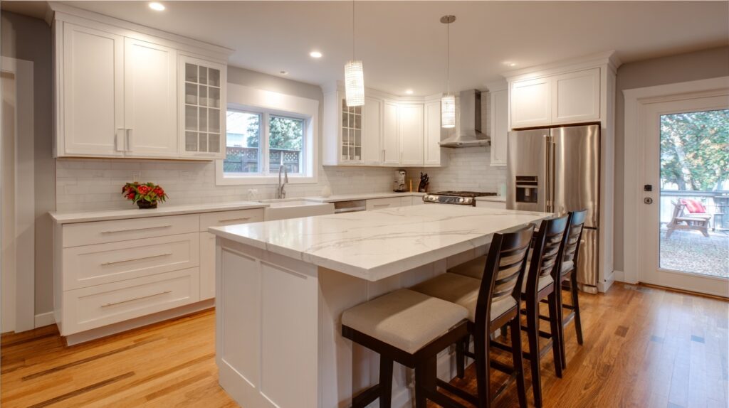 Elegant kitchen with white shaker cabinets, marble countertop, and a spacious island.