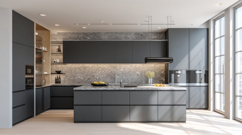 Modern kitchen with handle-less gray cabinets, marble countertop, and seamless design.