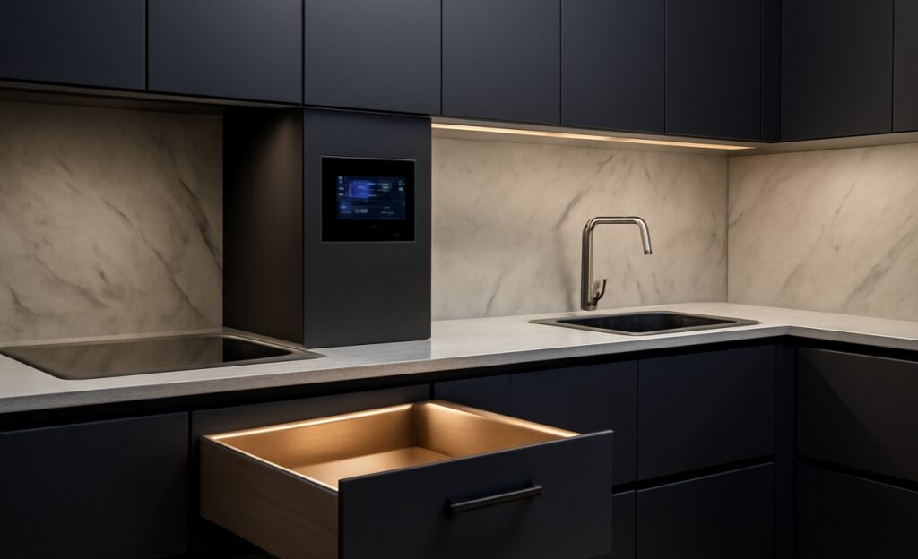 Smart kitchen with black cabinets, marble countertop, and integrated technology for a futuristic design.