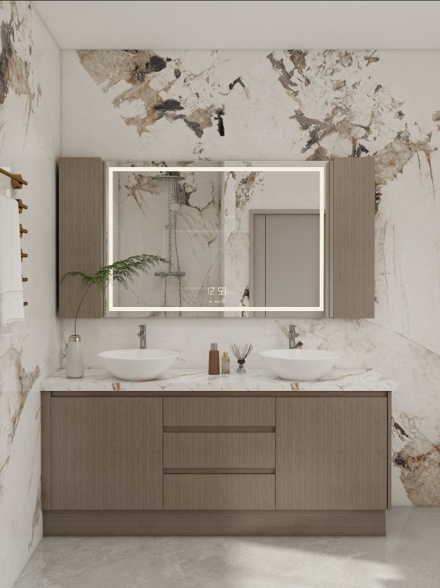 PAhome modern bathroom vanity with wood-finish cabinet, dual vessel sinks, and LED-lit mirror