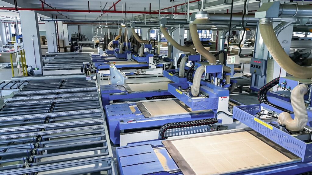 PAhome Zhaoqing factory CNC panel machining line with blue router machines and extraction hoses