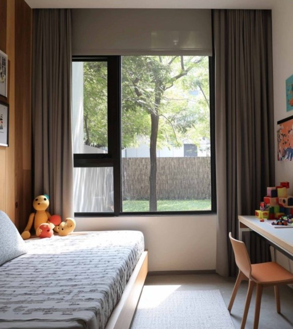 Aluminum casement window in a children's bedroom with natural light and a garden view.