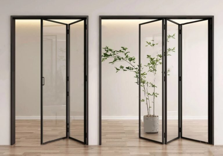Modern aluminum folding glass doors with slim black frames and view-through design