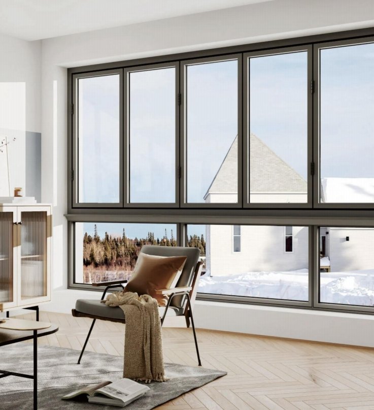 PAhome aluminum folding windows with slim black frames overlooking snowy landscape