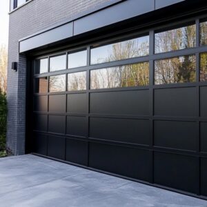 PAhome black aluminum garage door with upper glass panels reflecting outdoor greenery