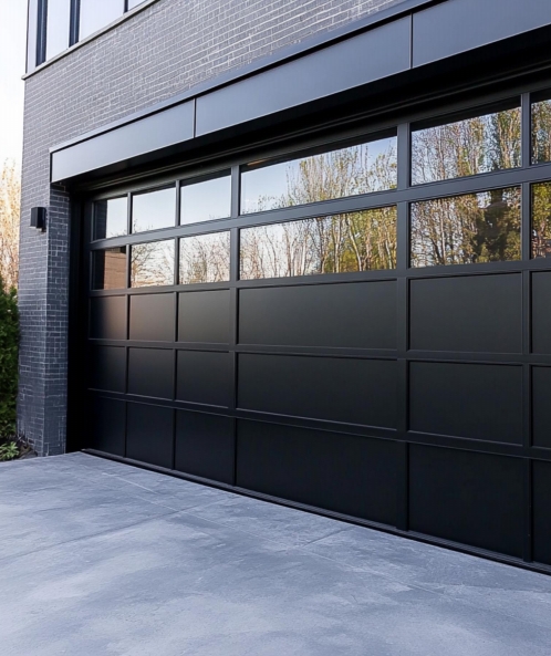 PAhome black aluminum garage door with upper glass panels reflecting outdoor greenery