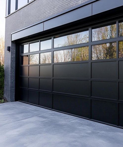 PAhome black aluminum garage door with upper glass panels reflecting outdoor greenery