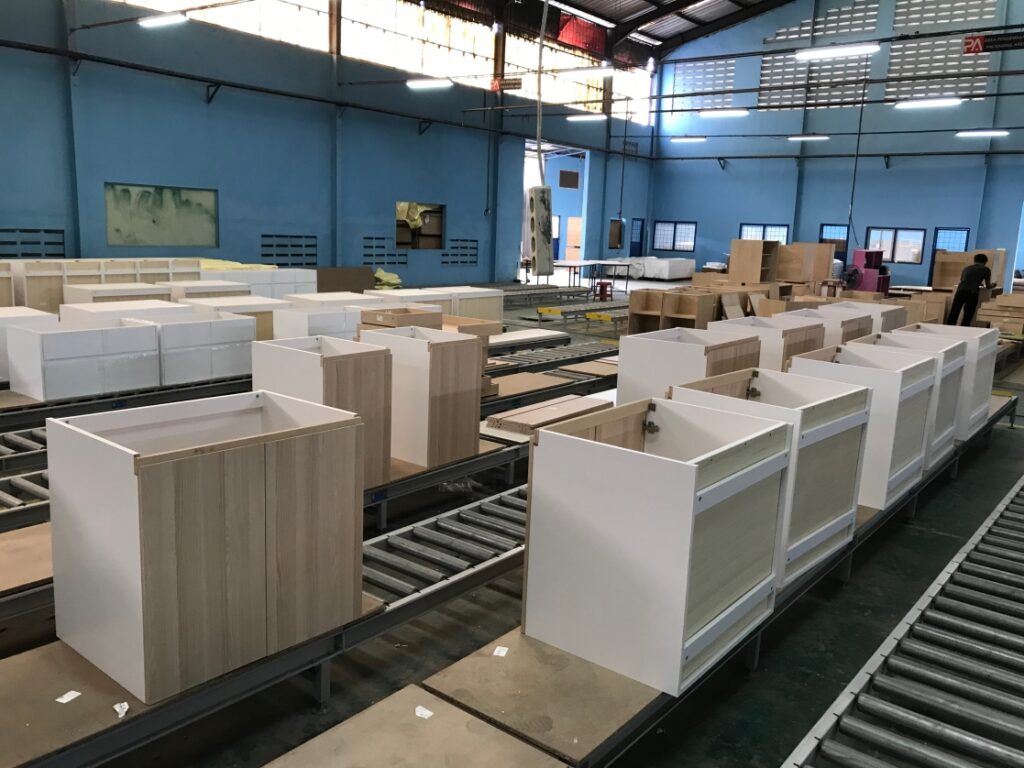 Pre-assembled product line at PA Home's Indonesian kitchen cabinet factory