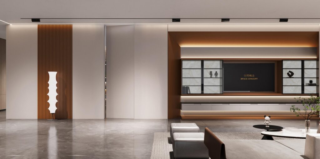 PAhome P·Series same-color wall panel with vertical wooden slats and integrated lighting