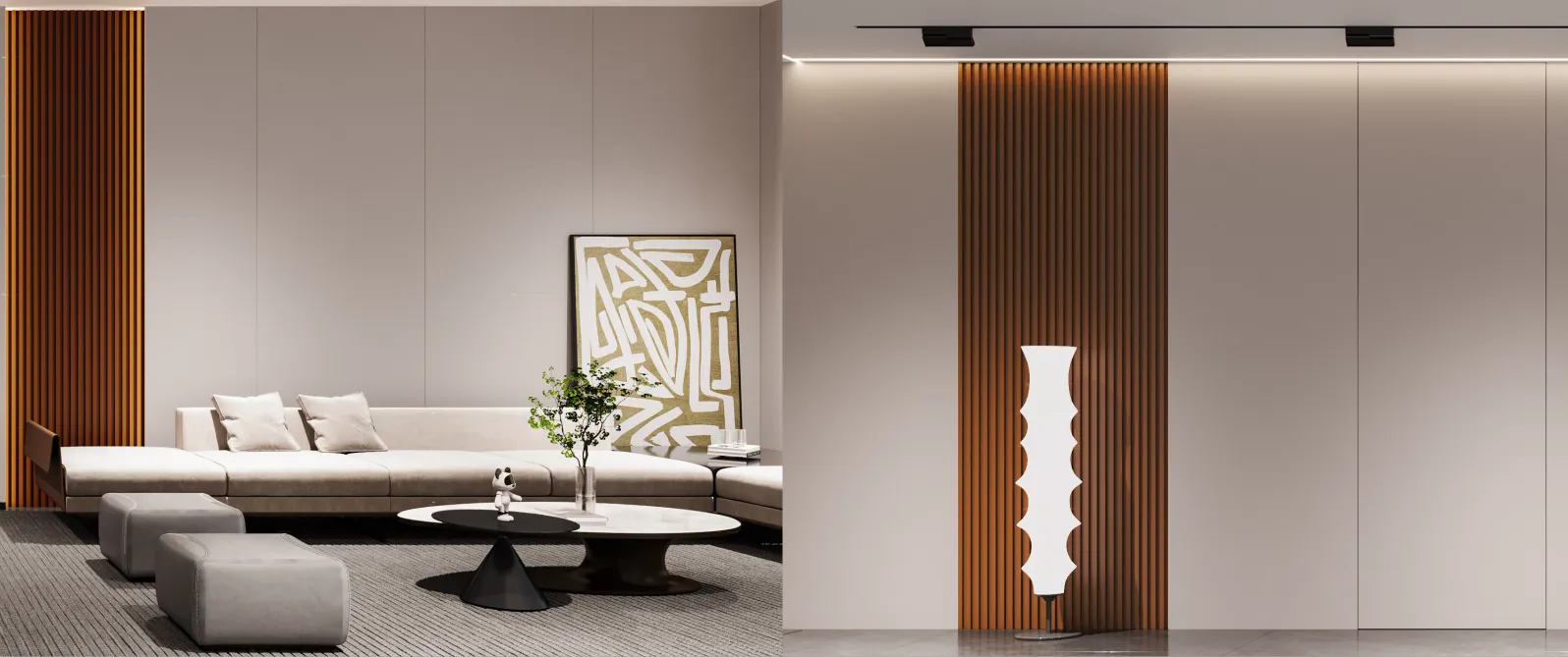 PAhome P·Series same-color wall panel with vertical wooden slats and integrated lighting