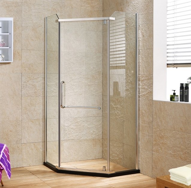 PAhome frameless glass shower enclosure with chrome hardware in tiled bathroom
