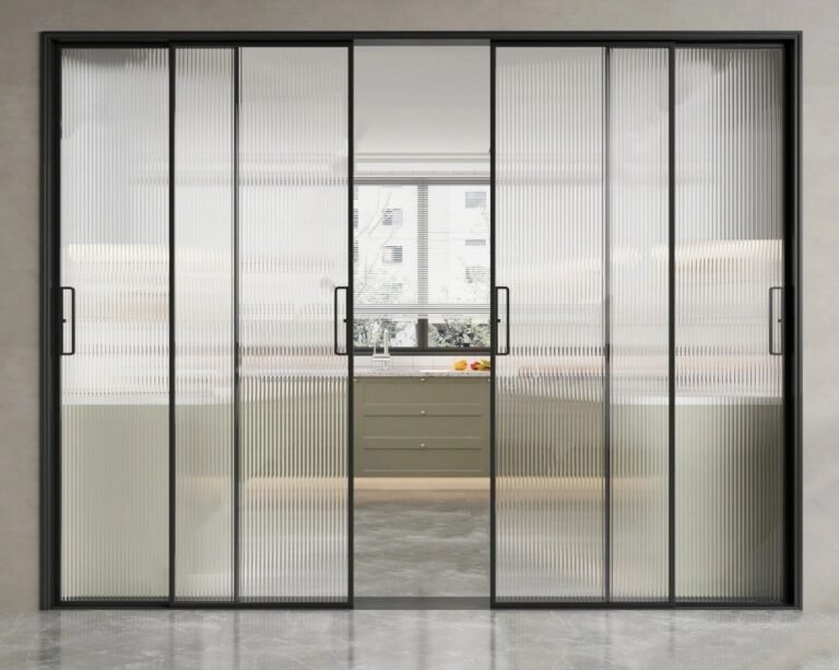 PAhome aluminum sliding door with ribbed glass panels and slim black frame