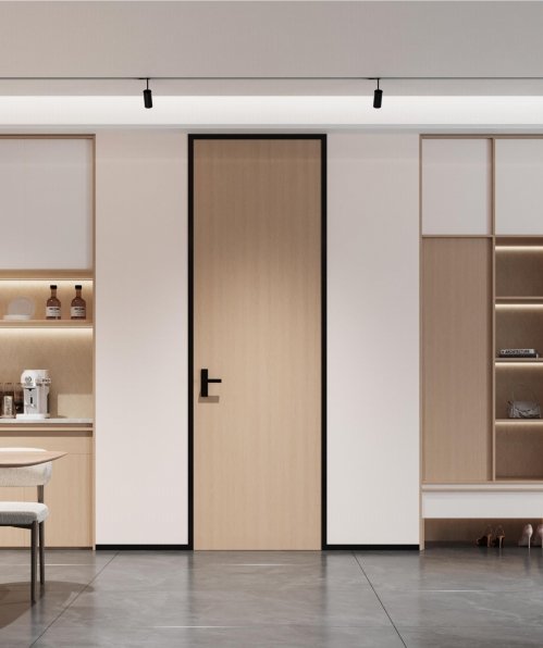 PAhome wood-finish aluminum interior door with black frame and modern handle