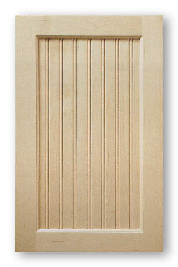 Beadboard kitchen door with vertical grooves, adding a cottage-like charm