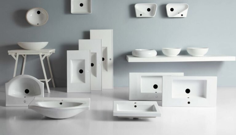 PAhome ceramic basin collection featuring modern rectangular and vessel sink designs