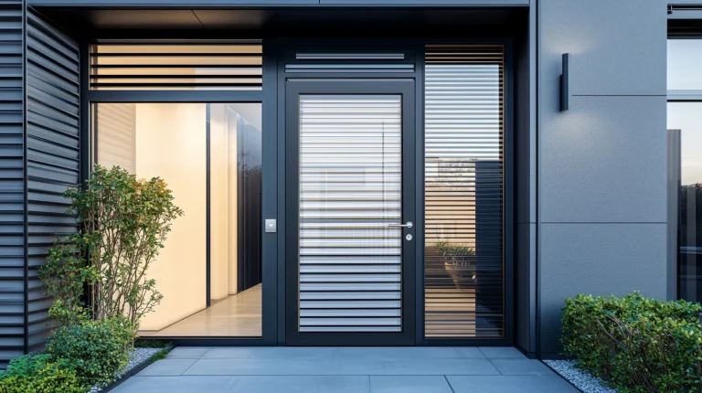 Elegant aluminum swing door with white frame, leading to an outdoor patio with garden view.