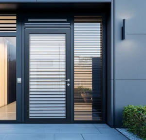 Elegant aluminum swing door with white frame, leading to an outdoor patio with garden view.