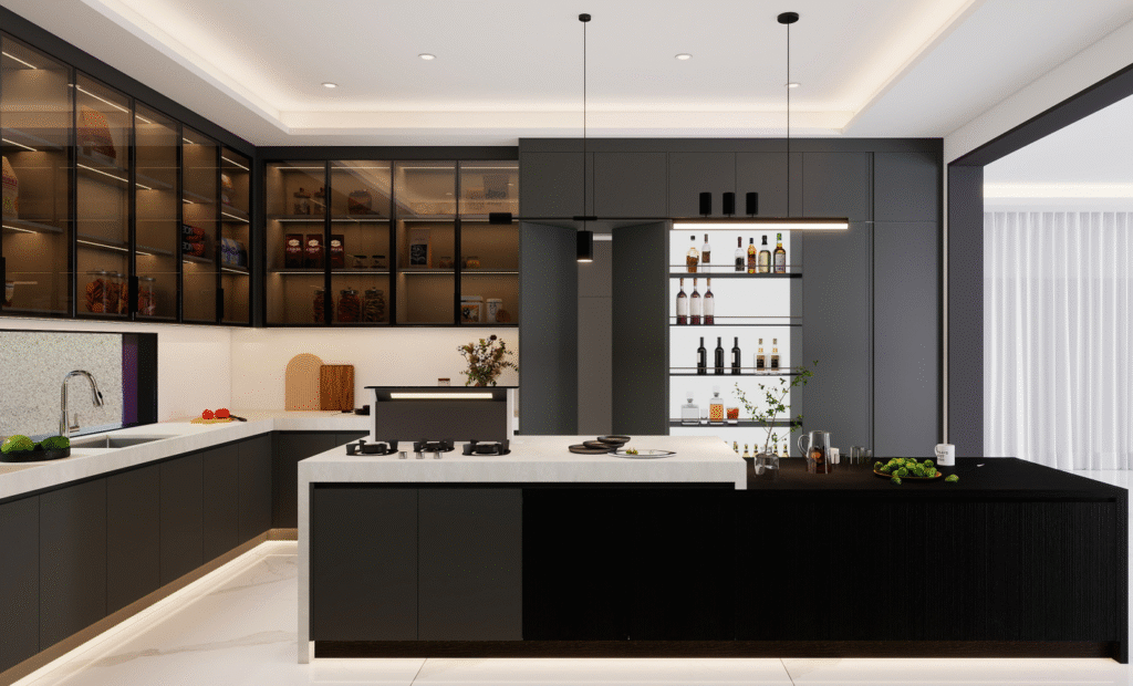 Modern black slab kitchen cabinets with integrated island and glass-front display cabinets