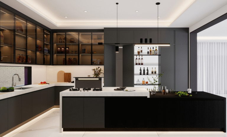 Modern black slab kitchen cabinets with integrated island and glass-front display cabinets
