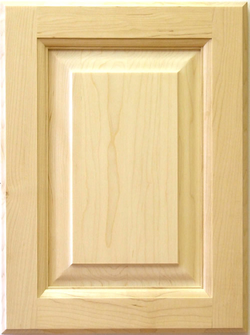 Raised panel kitchen cabinet door featuring a central elevated panel and intricate detailing