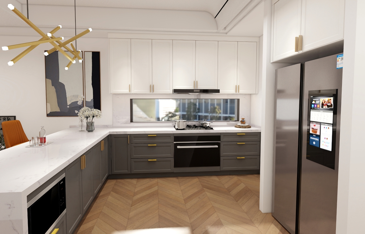 Kitchen Cabinet 2 Two-tone custom built kitchen cabinets with golden handle