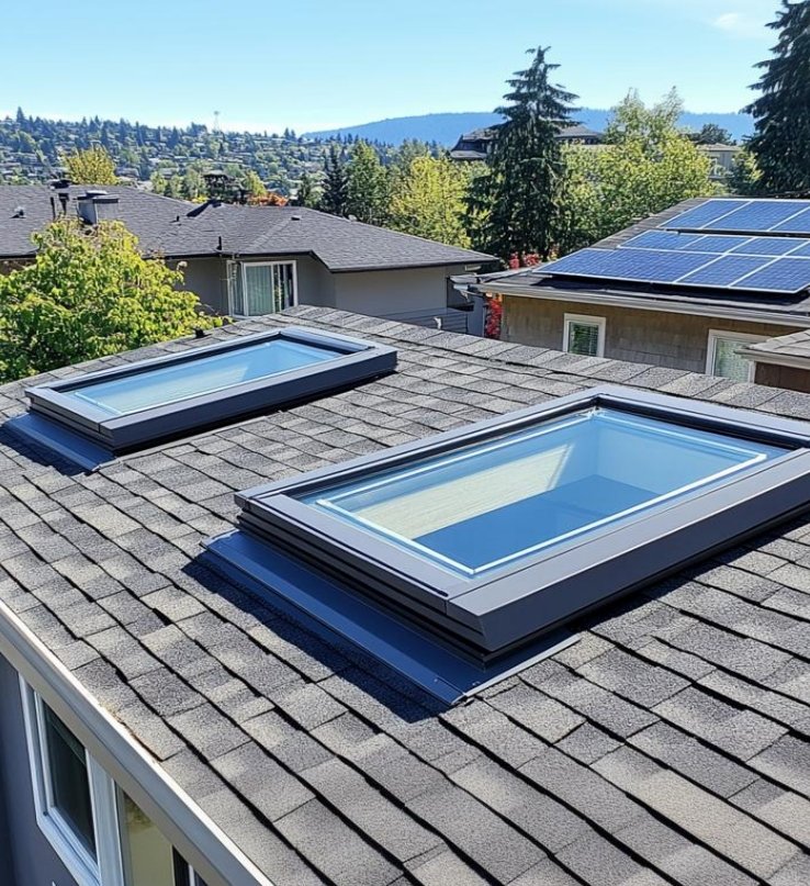 Aluminum skylight windows installed on a roof with a clear view of the sky and surrounding area.