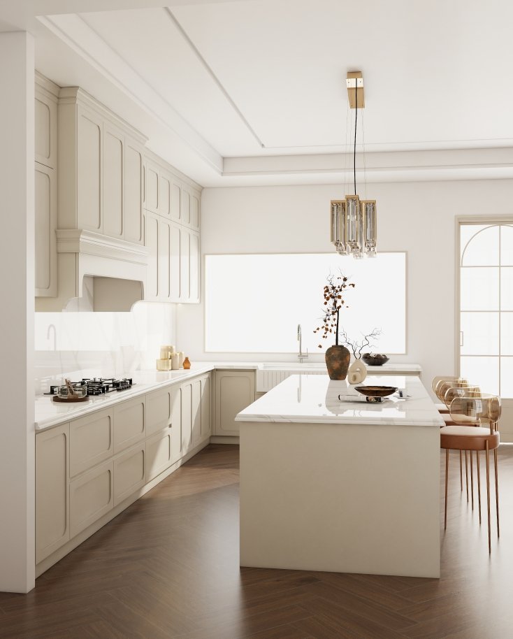 Modern kitchen with sleek white cabinetry and marble island