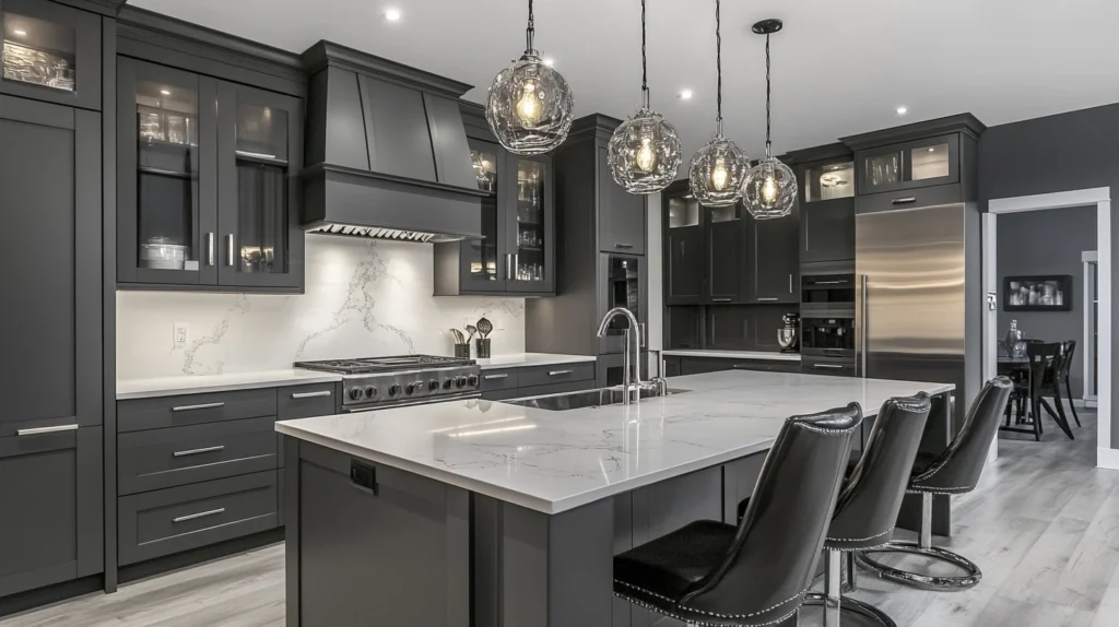 Dark Gray Cabinets with White Marble Countertops