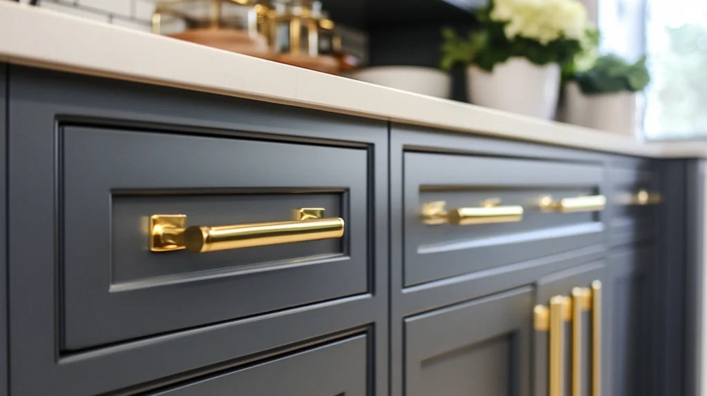 Glossy Gray Cabinets with Gold Handles