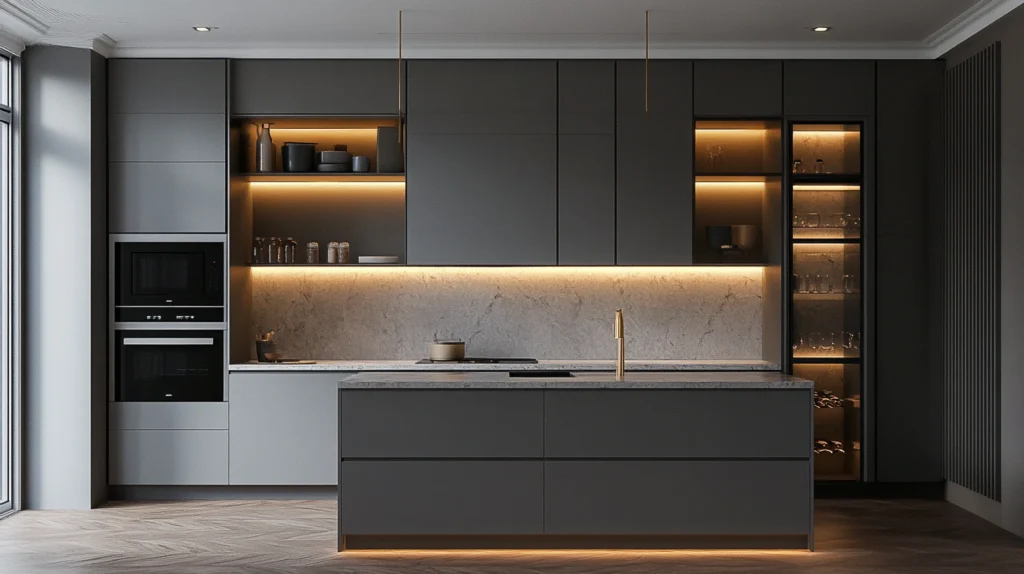 Gray Cabinets with Built-In Lighting