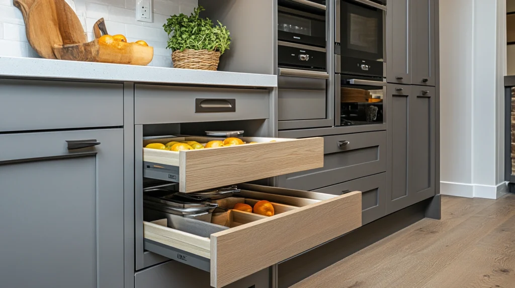 Gray Cabinets with Custom Pull-Out Storage