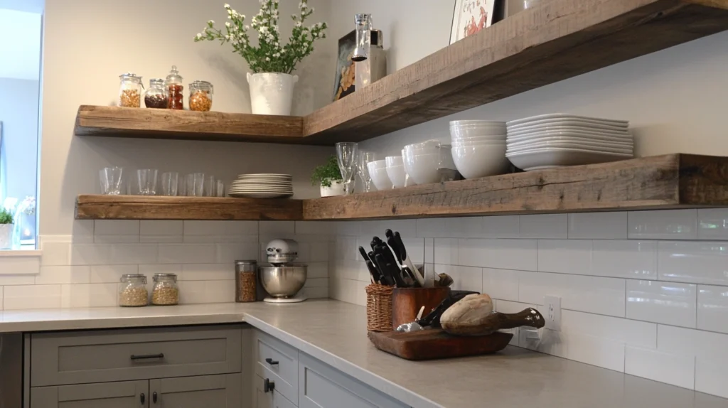 Gray Cabinets with Floating Shelves