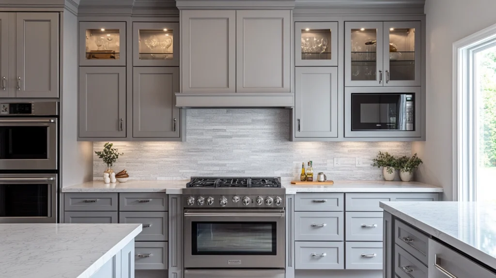 Gray Cabinets with Glass Inserts