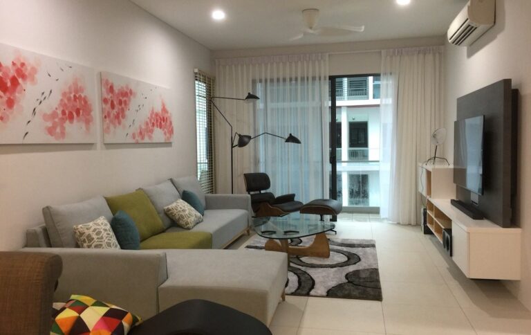 Floating white TV cabinet with grey back panel and integrated storage in living room