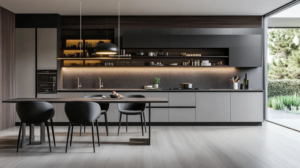 Open Gray Shelving with Closed Cabinet Storage