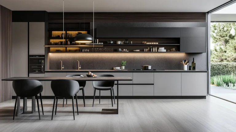 Open Gray Shelving with Closed Cabinet Storage