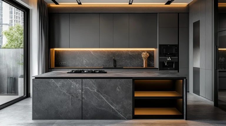 Sleek Matte Gray Cabinets with Black Accents
