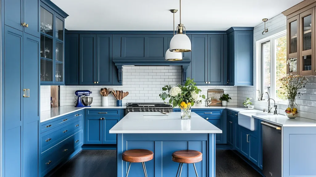 Blue Kitchen Cabinets with White Countertops