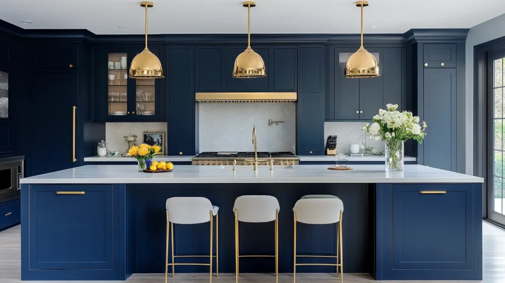 Navy Blue Kitchen Cabinets with Gold Hardware