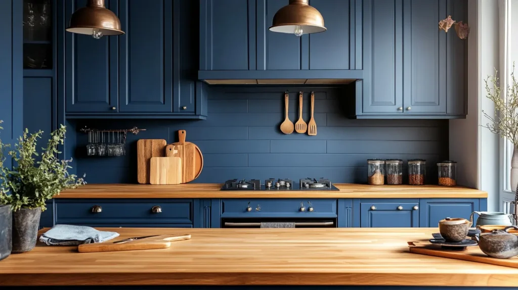 Blue Cabinets in Kitchen with Butcher Block Countertops
