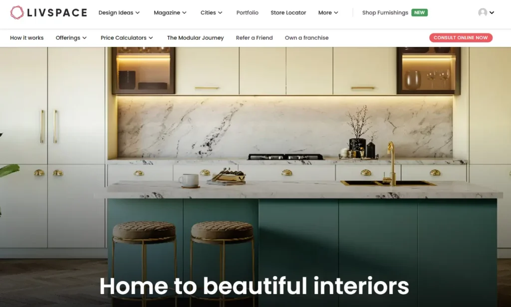 Livspace stands out as an online platform offering custom cabinetry services, including kitchen and wardrobe cabinets.
