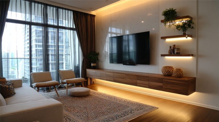 Floating apartment cabinets with LED lighting in a modern living room