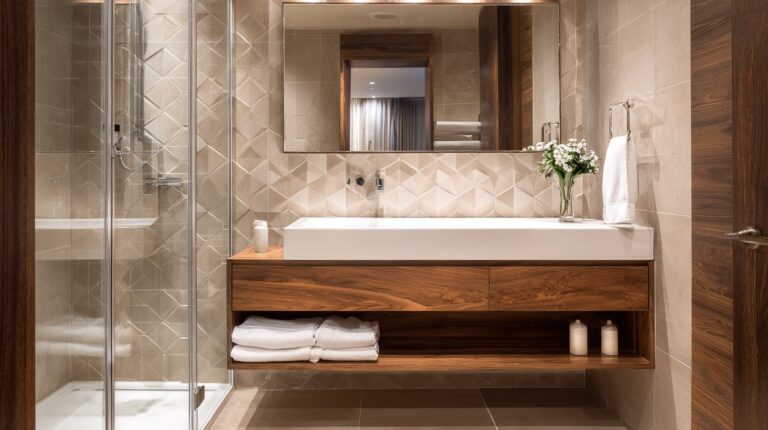 Hotel bathroom floating vanity with wooden cabinet design
